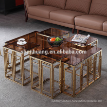 Reasonable price  stainless steel living room furniture glass top coffee table with 4 small side table